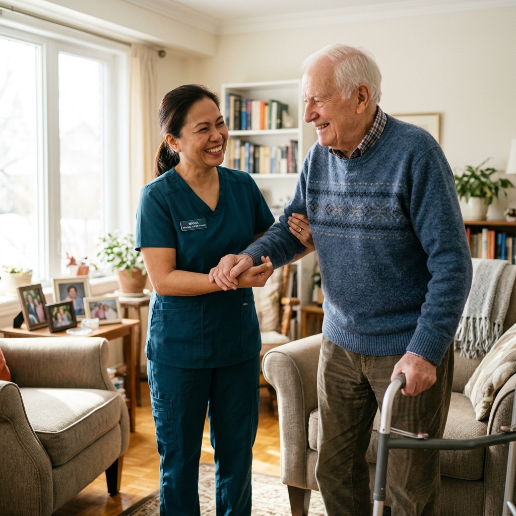 Compassionate Corelia Health caregiver holding hands with an elderly client, demonstrating empathy and trust