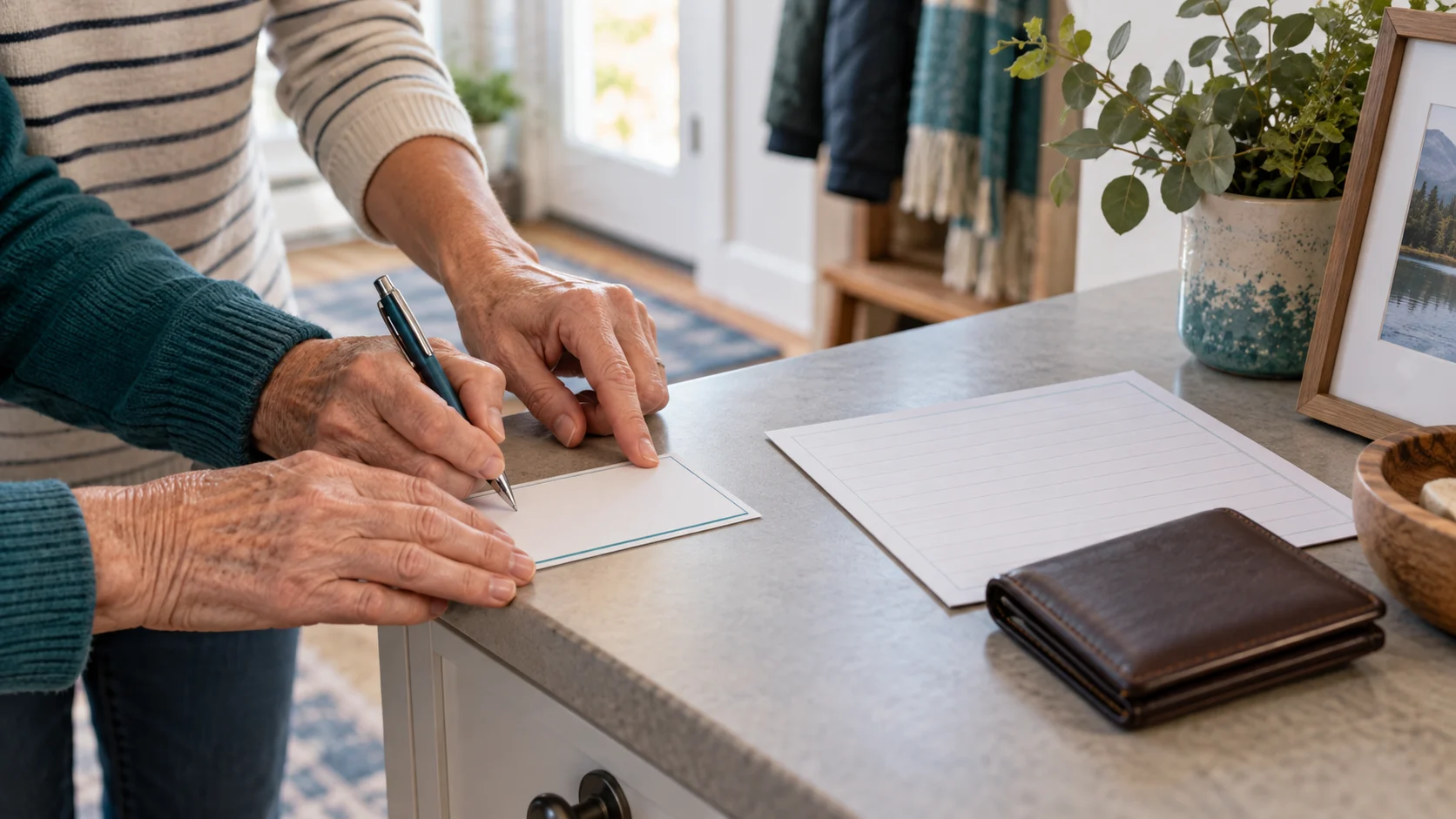 An older adult and family caregiver preparing a blank emergency information card and medication list at home.